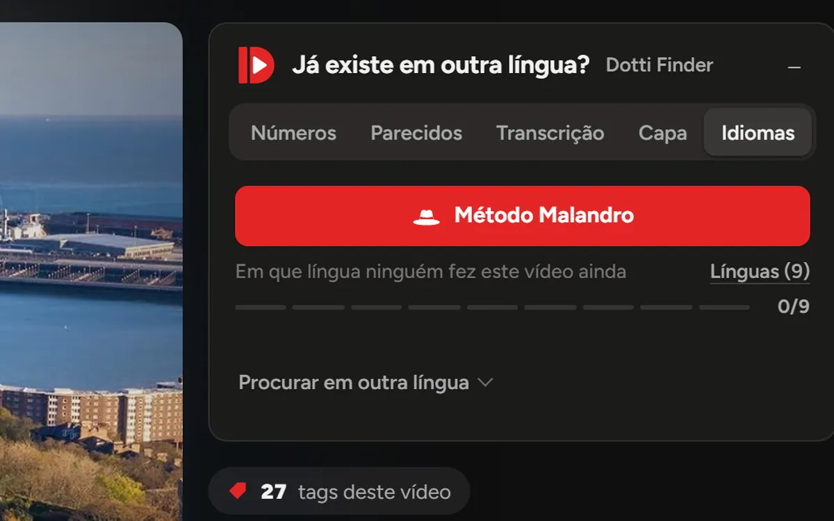 O painel da extensão na aba Idiomas, com o botão Método Malandro